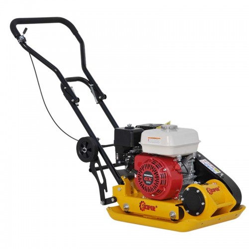 ВИБРОПЛИТА SKIPER C90H-WM (HONDA GX160, 5.5Л.С., ПЛИТА 54Х42СМ., 15КН, 25М/МИН, РЕЗ. КОВР, КОЛЁСА)